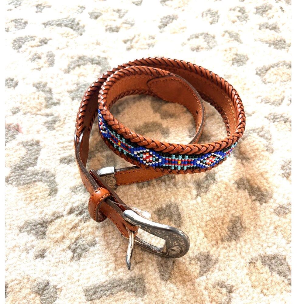 Vintage 90s Eddie Bauer Beaded Western Leather Belt Brown Size 26